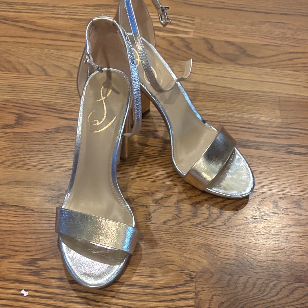 Sam Edelman Shimmering Silver and Gold Ankle Strap Heels